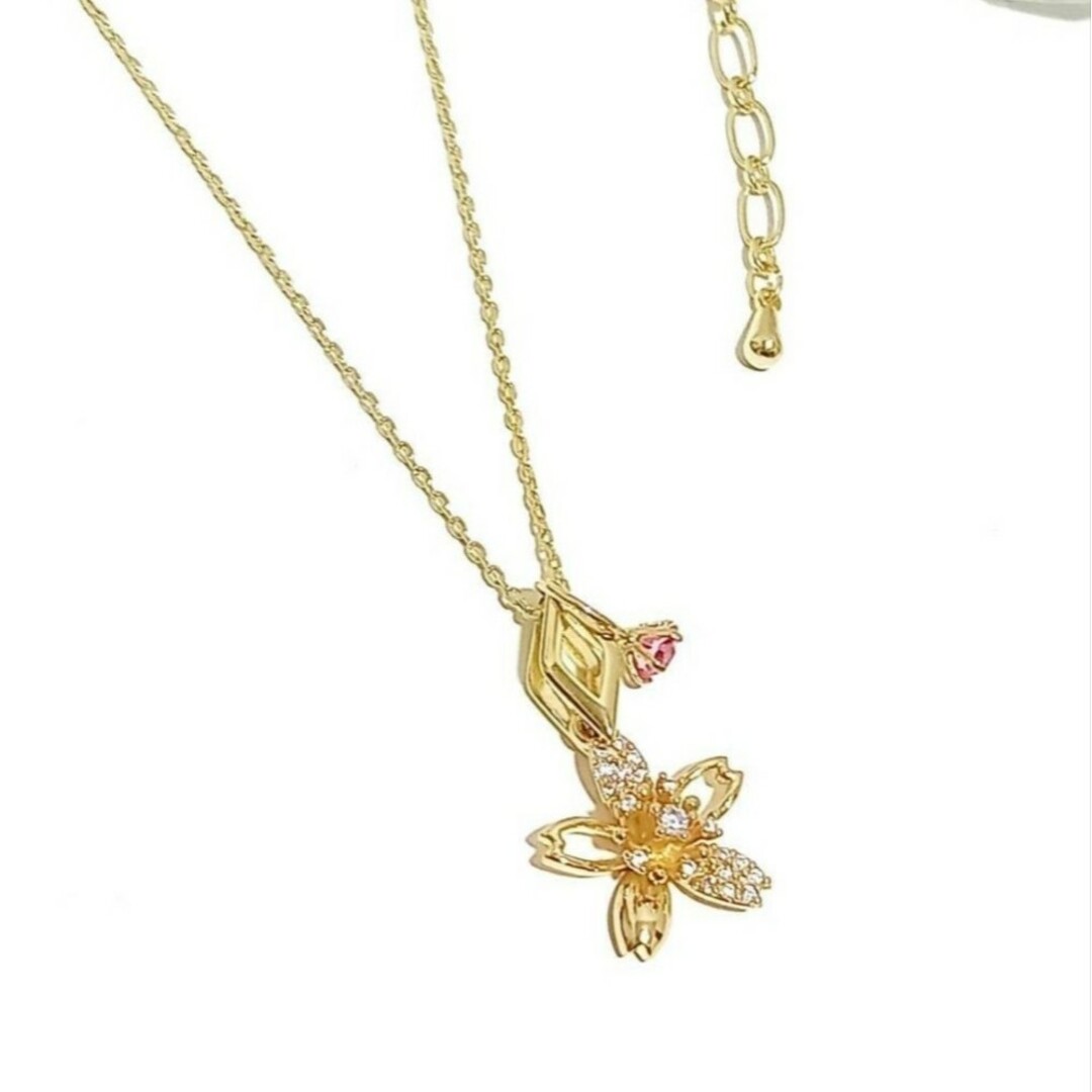 ラスト1点！美しい桜咲く◆18k 輝く桜とローズクリスタルリングのネックレス ハンドメイドのアクセサリー(ネックレス)の商品写真