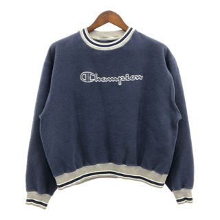 チャンピオン(Champion)のChampion チャンピオン ロゴ ラインリブ スウェット トレーナー ネイビー (メンズ M相当) 中古 古着 Q2031(スウェット)