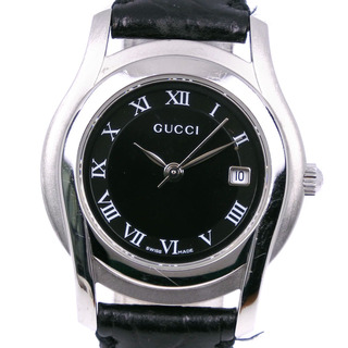 グッチ(Gucci)の【GUCCI】グッチ 5500L ステンレススチール×レザー シルバー クオーツ アナログ表示 レディース 黒文字盤 腕時計(腕時計)
