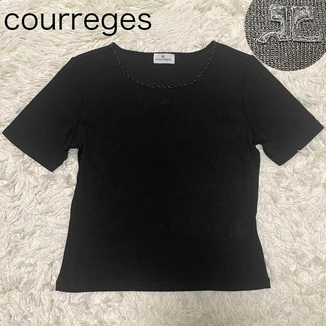 Courreges(クレージュ)の【courreges】半袖 ニット ビジュー 黒 ロゴ レディースのトップス(ニット/セーター)の商品写真