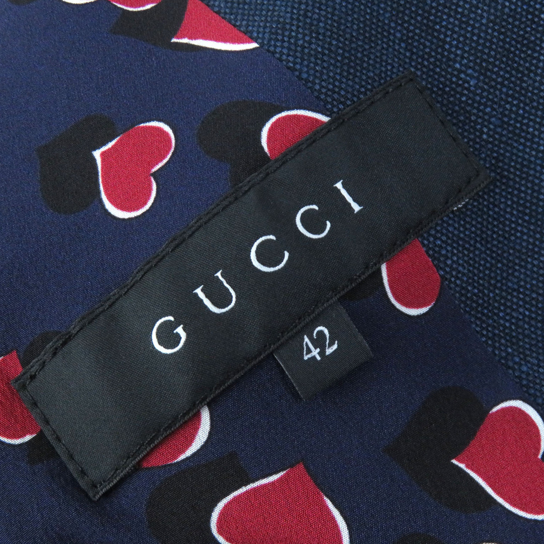 Gucci(グッチ)の極美品△GUCCI グッチ 335922 リネン コットン 裏地ハート柄 ダブルボタン テーラードジャケット ネイビー 42 イタリア製 正規品 レディース レディースのジャケット/アウター(テーラードジャケット)の商品写真