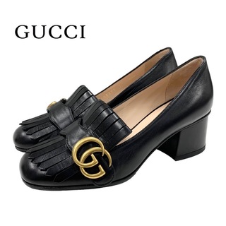 グッチ(Gucci)のグッチ GUCCI ダブルG GGマーモント パンプス 靴 シューズ フリンジ レザー ブラック 黒(ハイヒール/パンプス)