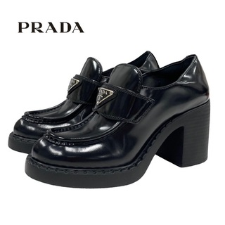 プラダ PRADA チョコレート ローファー ヒールローファー 革靴 靴 シューズ ロゴプレート レザー ブラック 黒