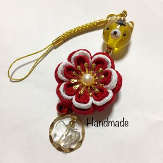 つまみ細工 金色 ストラップ 花 ガラス細工 虎 タイガー 蝶 紅白 鈴(キーホルダー/ストラップ)