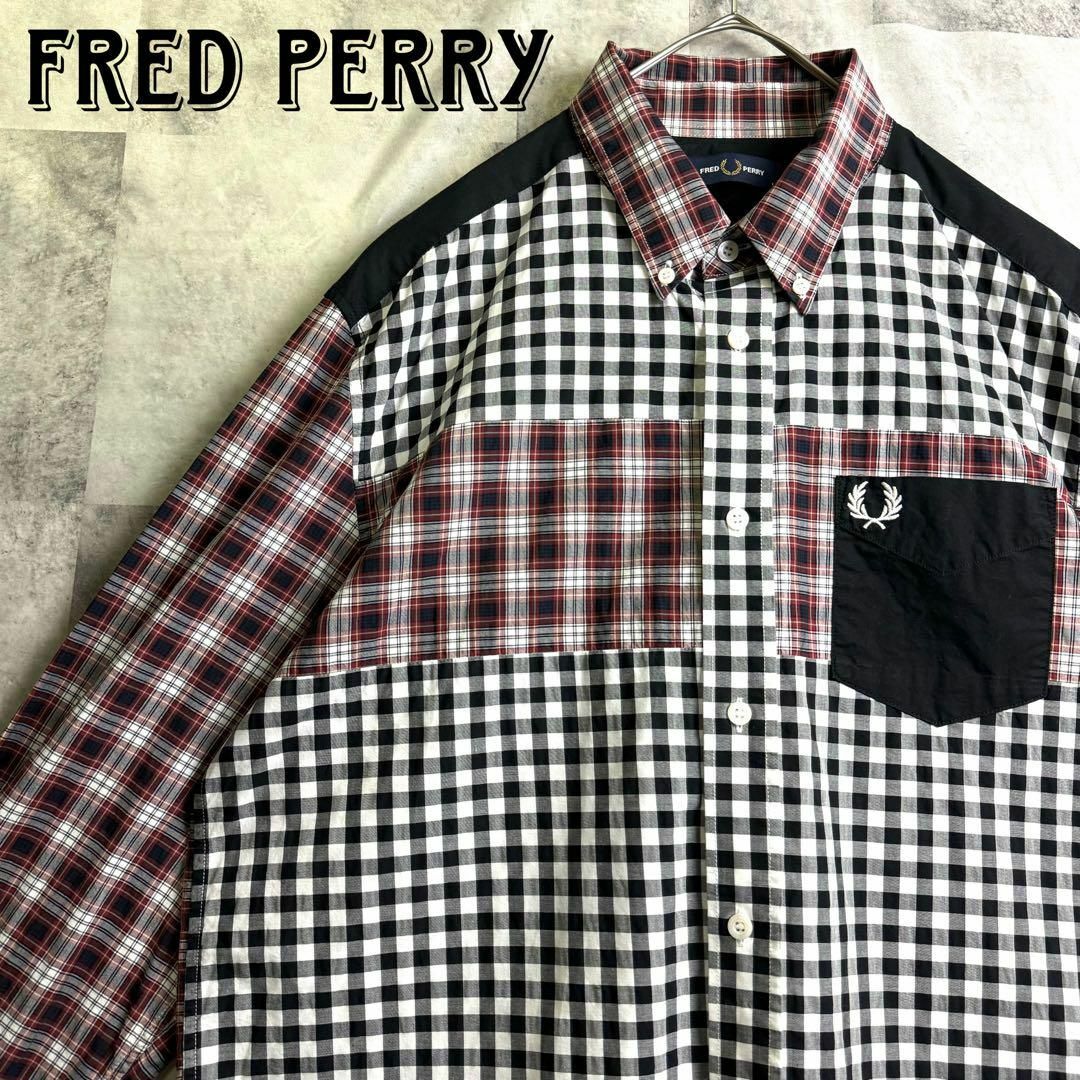 FRED PERRY(フレッドペリー)の希少 極美品 フレッドペリー BDシャツ コンビネーションチェック 黒白赤 L メンズのトップス(シャツ)の商品写真