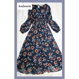 Andemiu - 10【美品】Andemiu カラーフラワーシャーリングワンピース 濃紺
