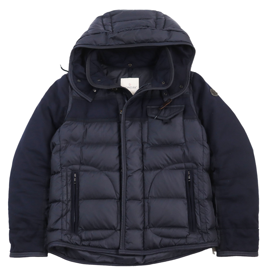 MONCLER(モンクレール)の美品●MONCLER モンクレール 18-19AW RYAN ウール切り替え レザーロゴパッチ付き フーデッドダウンジャケット ネイビー 2 正規品 メンズ メンズのジャケット/アウター(ダウンジャケット)の商品写真