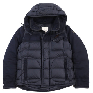 モンクレール(MONCLER)の美品●MONCLER モンクレール 18-19AW RYAN ウール切り替え レザーロゴパッチ付き フーデッドダウンジャケット ネイビー 2 正規品 メンズ(ダウンジャケット)