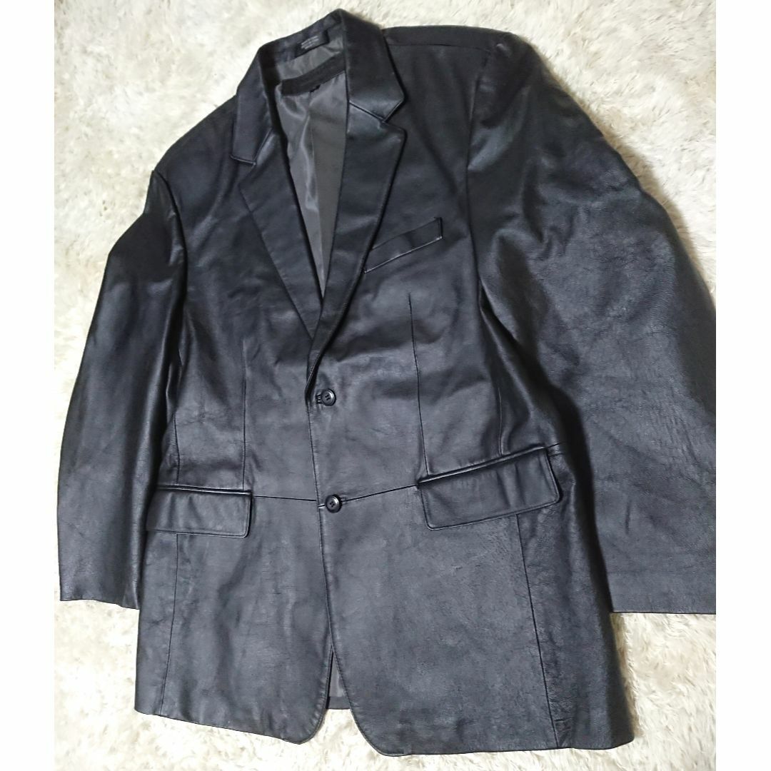 レザー テーラードジャケット　本革　無地 黒 L ２つボタン メンズのジャケット/アウター(テーラードジャケット)の商品写真
