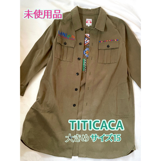 未使用品　TITICACA カーキカラー　オルテガ刺繍入り　厚地ワンピースシャツ