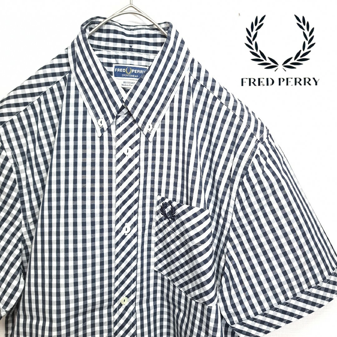 FRED PERRY(フレッドペリー)の【美品】FRED PERRY ギンガムチェック 半袖 シャツ 紺×白 S メンズのトップス(シャツ)の商品写真