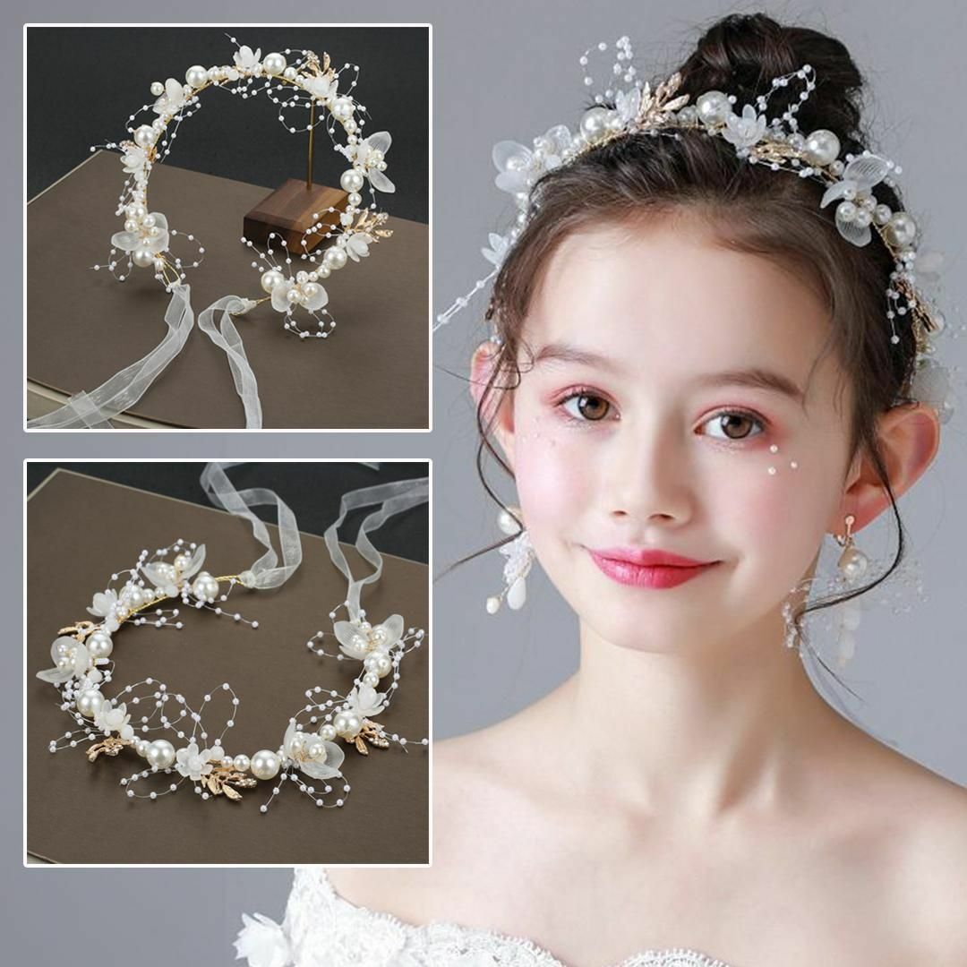 新品　髪飾り　ヘッドドレス　子供　キッズ　発表会　パール　リボン　ヘアアクセサリ キッズ/ベビー/マタニティのこども用ファッション小物(その他)の商品写真