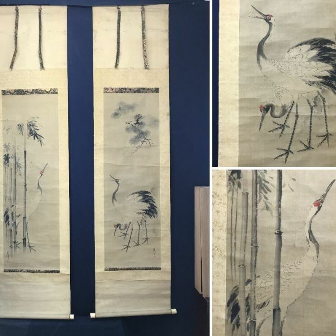 真作/狩野周信/松竹に鶴図/双幅/松鶴図/江戸中期/掛軸 真作/狩野周信/松竹に鶴図/双幅/松鶴図/江戸中期/掛軸