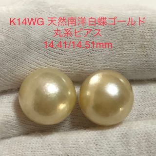 K14WG 天然南洋白蝶ゴールド真珠　丸系　ピアス14.41/14.51mm(ピアス)