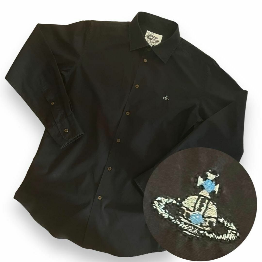 Vivienne Westwood(ヴィヴィアンウエストウッド)のヴィヴィアンウエストウッド　オーブ刺繍　長袖ドレスシャツ　大きめ　48　ブラック メンズのトップス(シャツ)の商品写真