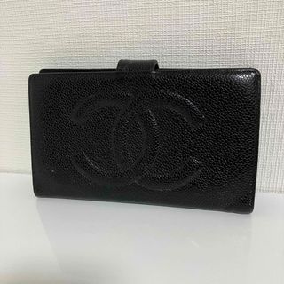 シャネル(CHANEL)のCHANEL シャネル キャビアスキン ガマ口 長財布 ブラック 黒(財布)