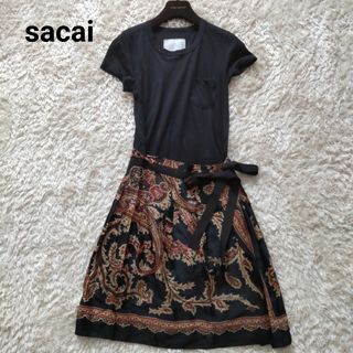 サカイ(sacai)のサカイ リネン混 異素材 ドッキングワンピース 切替え ラップスカート ブラック(ひざ丈ワンピース)