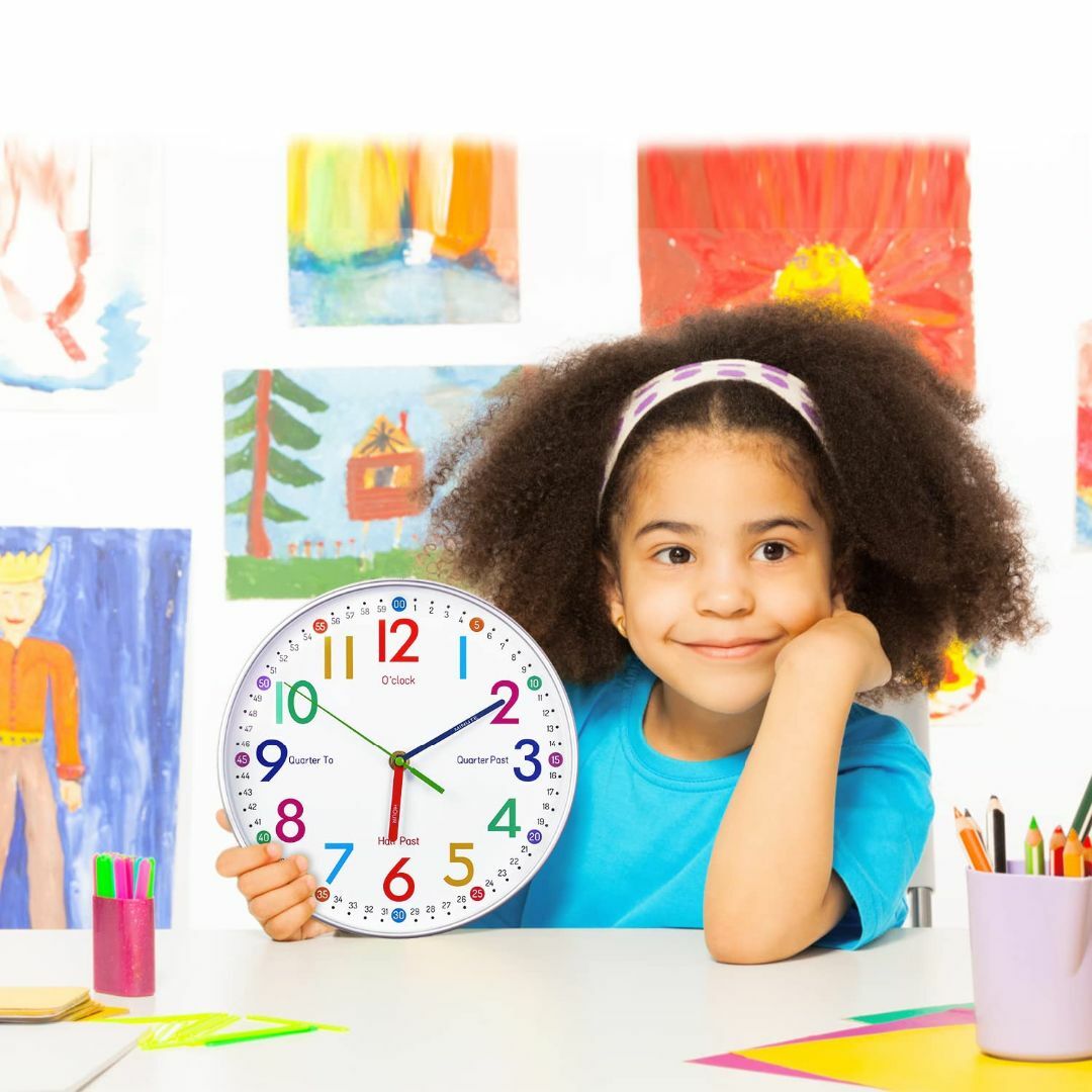 知育時計 壁掛け時計 子供 12時間表示 掛け時計 補助数字付き 時間学習 静音 インテリア/住まい/日用品のインテリア小物(置時計)の商品写真