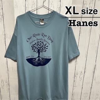 ヘインズ(Hanes)のHanes　Tシャツ　XL　グレーブルー　牛タグ　プリント　ツリー　USA古着(Tシャツ/カットソー(半袖/袖なし))