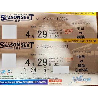 チュウニチドラゴンズ(中日ドラゴンズ)の【4/29,30】横浜vs中日　内野S席サファイア5列目　通路から連番2席(野球)