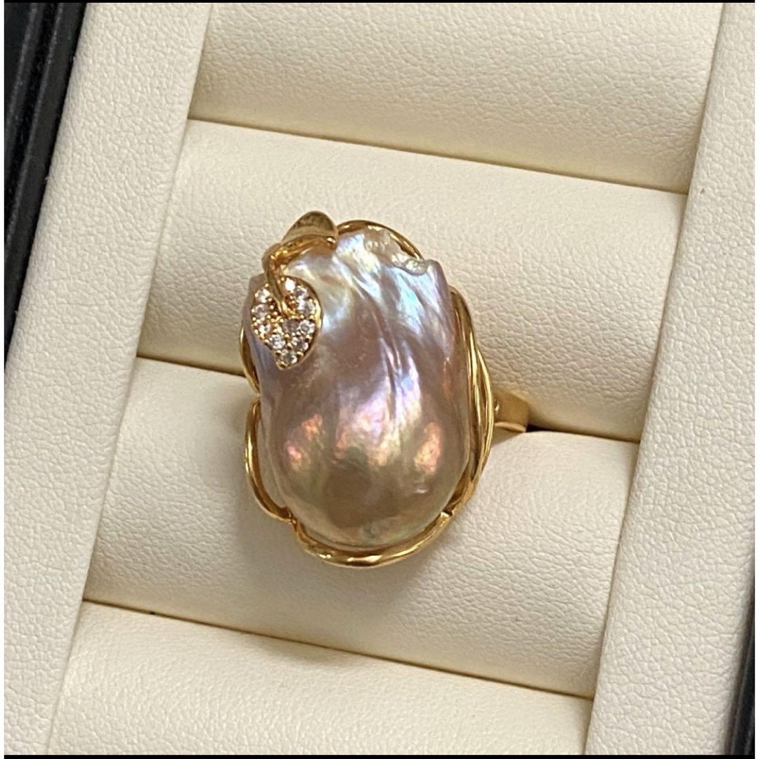 照り抜群　バロック淡水真珠　調整可能リング　ゴールドピンク　19mm-23mm レディースのアクセサリー(リング(指輪))の商品写真