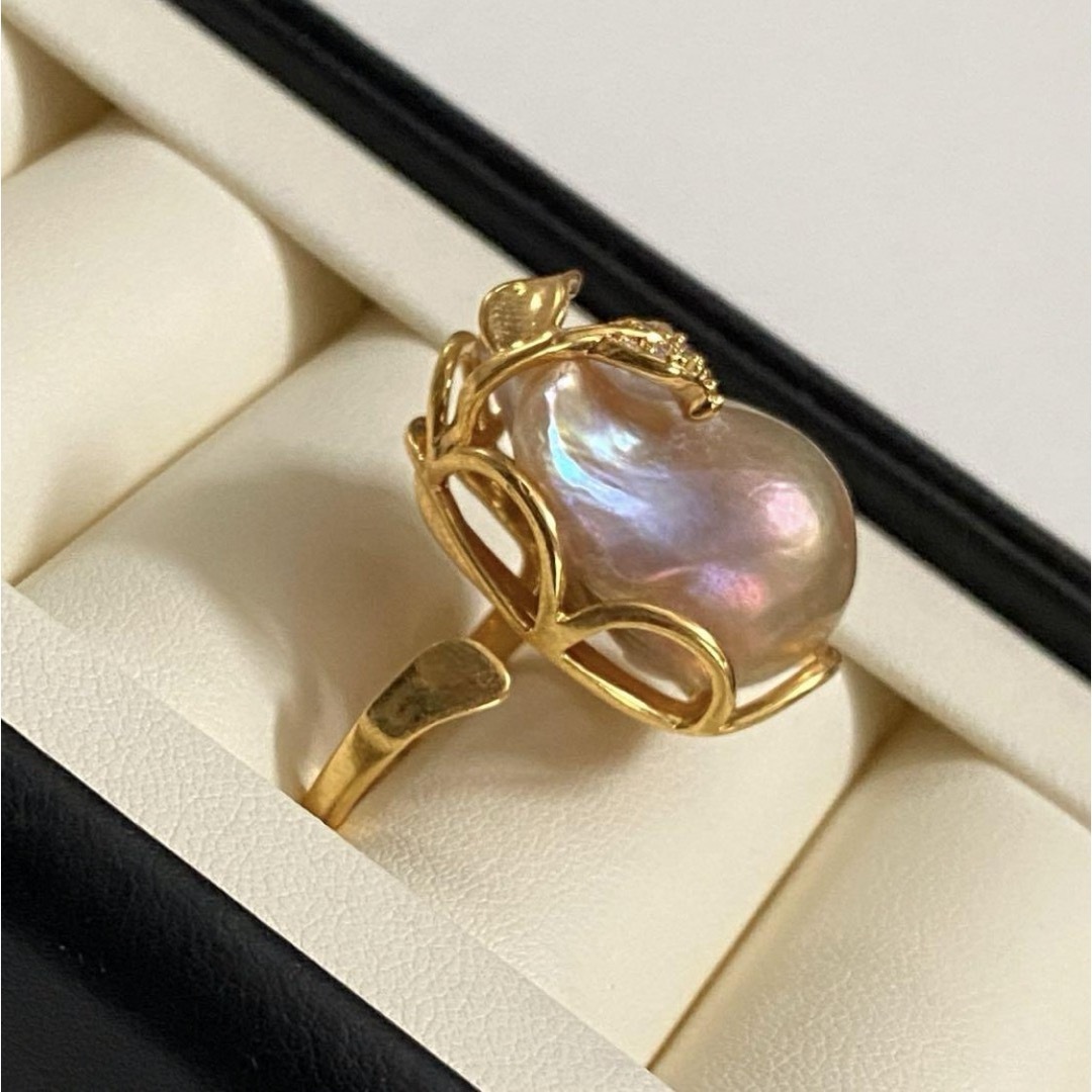 照り抜群　バロック淡水真珠　調整可能リング　ゴールドピンク　19mm-23mm レディースのアクセサリー(リング(指輪))の商品写真