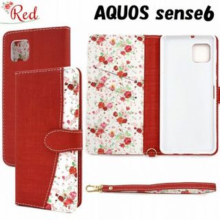 アクオス(AQUOS)のAQUOS sense6/6s：無地×ブーケ 小花柄 手帳型 ケース★レッド(Androidケース)