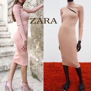 【新品 S】ZARA カットアウト 長袖タイトワンピース