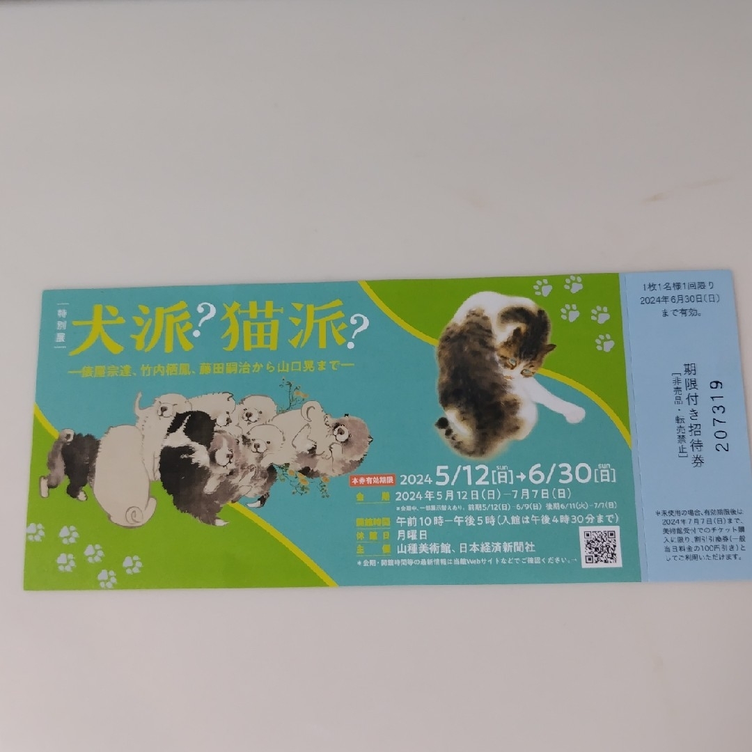 山種美術館　犬派？猫派？　チケット　1枚 チケットの施設利用券(美術館/博物館)の商品写真