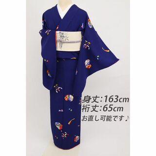 《長尺■二尺袖◆カラフル桜の花鞠■ロイヤルブルー◆袷正絹着物◆KA10-26》(着物)