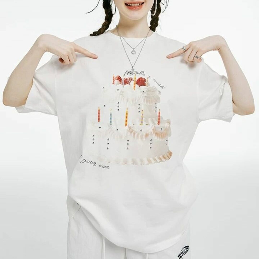 SLY - imone Tシャツ ビッグ ケーキ柄 半袖 オーバー ホワイト ブラック