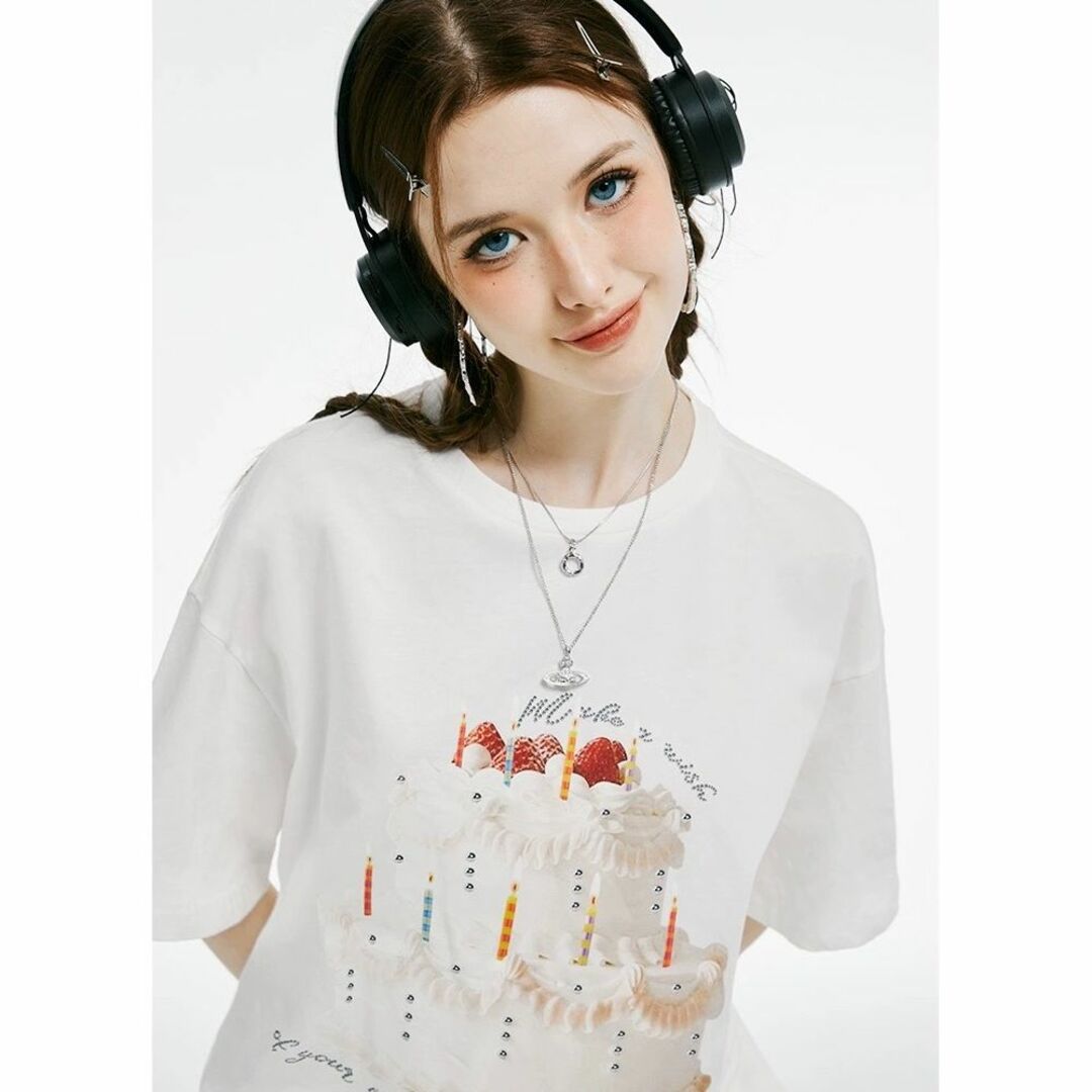 imone Tシャツ ビッグ ケーキ柄 半袖 オーバー ホワイト