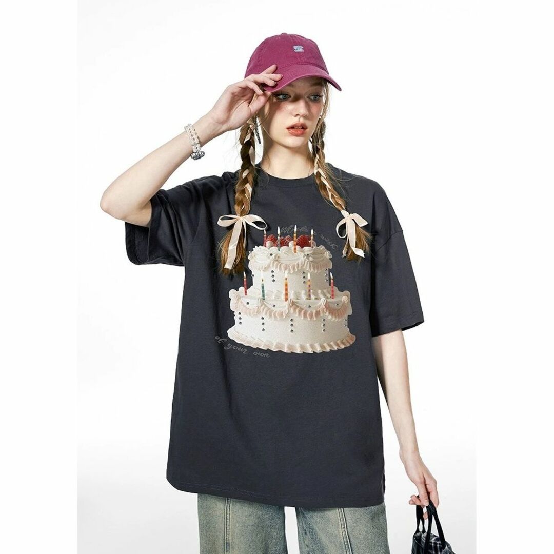 本当に信頼出来る店 ビッグ Tシャツ imone ケーキ柄 ホワイト オーバー 半袖 Tシャツ(半袖+袖なし)