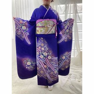 振袖フルセット　辻が花　群青色　銀通し　作家物(振袖)