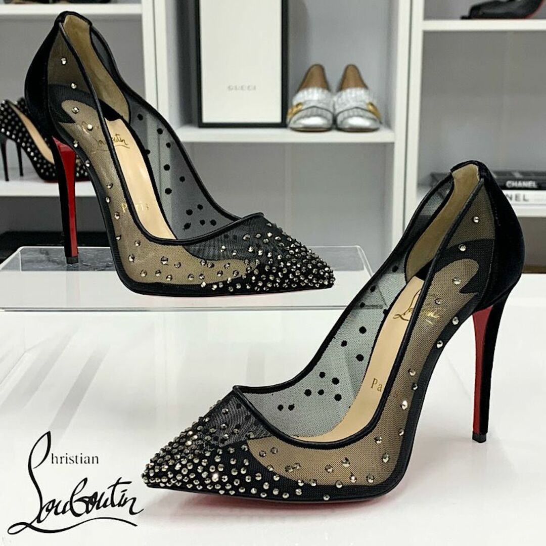 Christian Louboutin(クリスチャンルブタン)の8270 未使用 クリスチャンルブタン メッシュ ベロア ストーン パンプス レディースの靴/シューズ(ハイヒール/パンプス)の商品写真