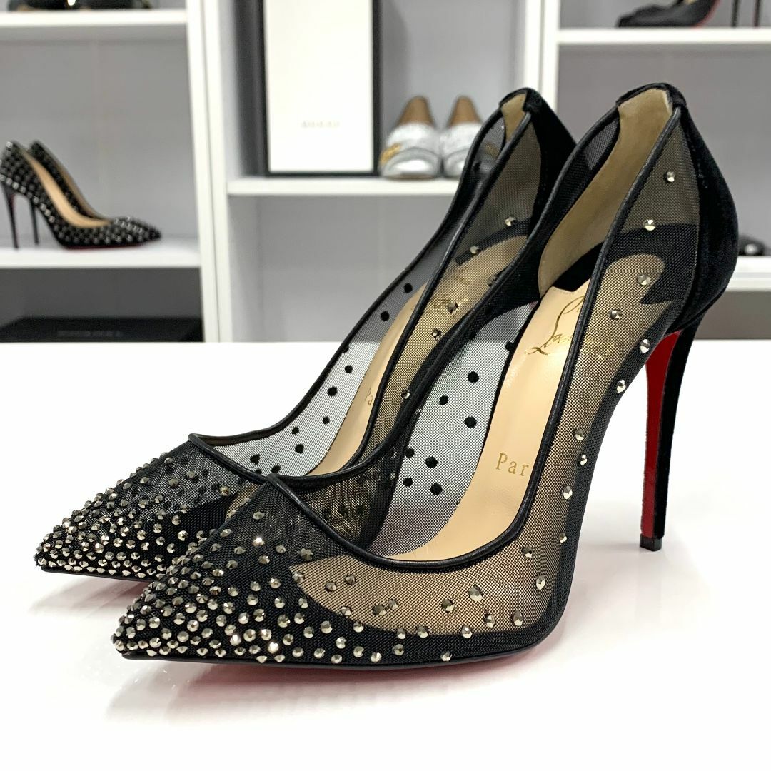 Christian Louboutin(クリスチャンルブタン)の8270 未使用 クリスチャンルブタン メッシュ ベロア ストーン パンプス レディースの靴/シューズ(ハイヒール/パンプス)の商品写真