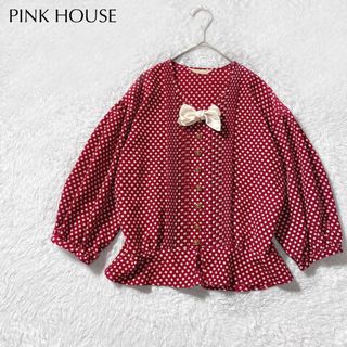 ピンクハウス(PINK HOUSE)の【美品】PINK HOUSE ピンタック リボン ドット水玉 ブラウス 金ボタン(シャツ/ブラウス(長袖/七分))