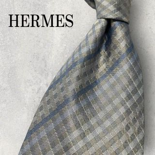 エルメス(Hermes)の美品 HERMES エルメス ジャガード チェック柄 ネクタイ シルバー 銀(ネクタイ)