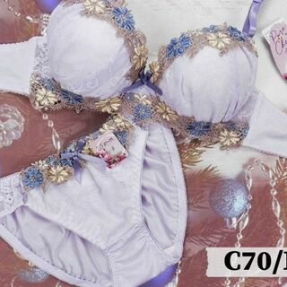 PN04 C70/M ブラ＆ショーツセット 紫系 花のケミカル刺繍(ブラ&ショーツセット)