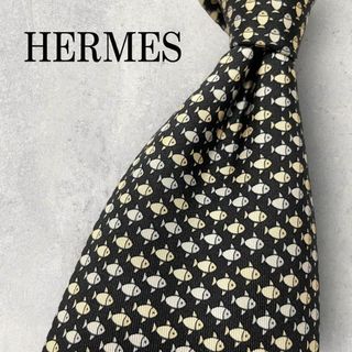 エルメス(Hermes)の美品 HERMES エルメス 魚柄 フィッシュ 総柄 ネクタイ ブラック 黒(ネクタイ)