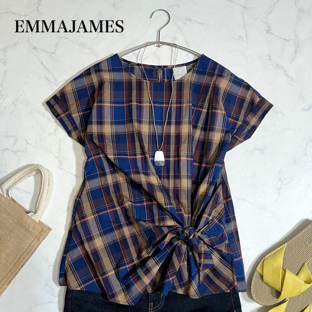 EMMAJAMES(エマジェイム)のEMMAJAMES チェックデザインシャツ　フレンチスリーブ　青　茶　XL レディースのトップス(シャツ/ブラウス(半袖/袖なし))の商品写真