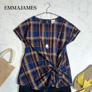 エマジェイム(EMMAJAMES)のEMMAJAMES チェックデザインシャツ　フレンチスリーブ　青　茶　XL(シャツ/ブラウス(半袖/袖なし))