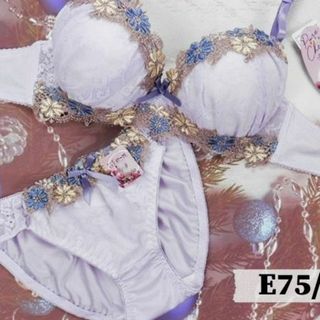 PN04 E75/L ブラ＆ショーツセット 紫系 花のケミカル刺繍(ブラ&ショーツセット)