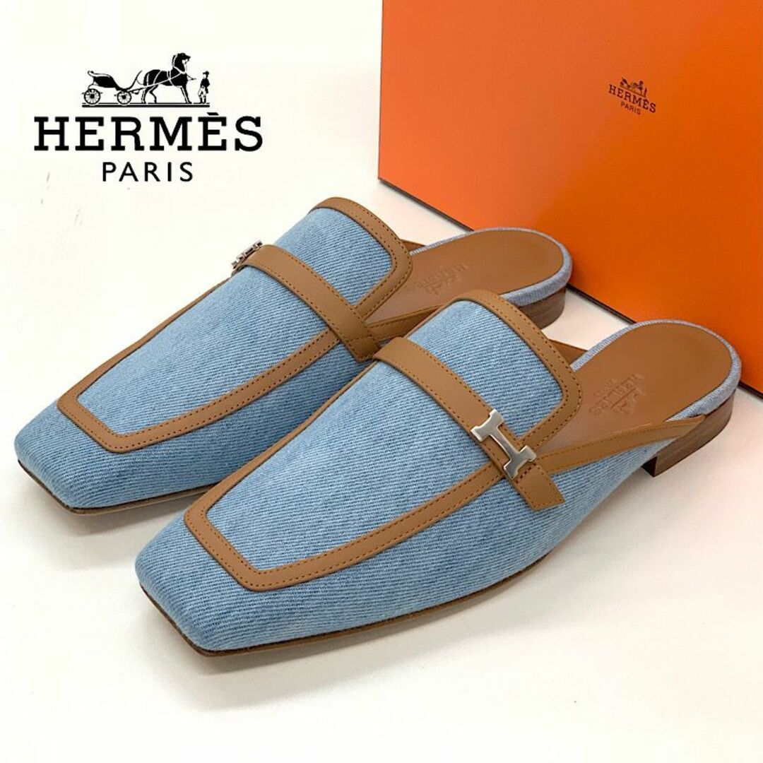 Hermes(エルメス)の8069 未使用 エルメス グルーピー デニム レザー H金具 ミュール ライト レディースの靴/シューズ(サンダル)の商品写真