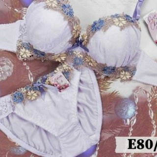 PN04 E80/L ブラ＆ショーツセット 紫系 花のケミカル刺繍(ブラ&ショーツセット)