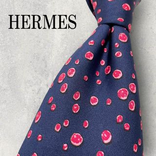 エルメス(Hermes)の美品 HERMES エルメス ドット柄 水玉柄 ネクタイ ネイビー 紺 ピンク(ネクタイ)