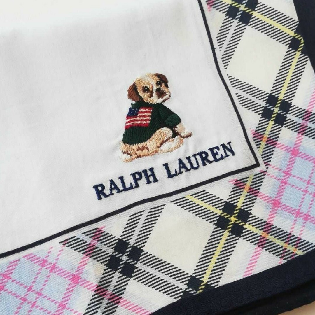 Ralph Lauren(ラルフローレン)のラルフローレン　ハンカチ　ブルドッグ　チェック　犬　刺繍　水色　ネイビー　ブルー メンズのファッション小物(ハンカチ/ポケットチーフ)の商品写真