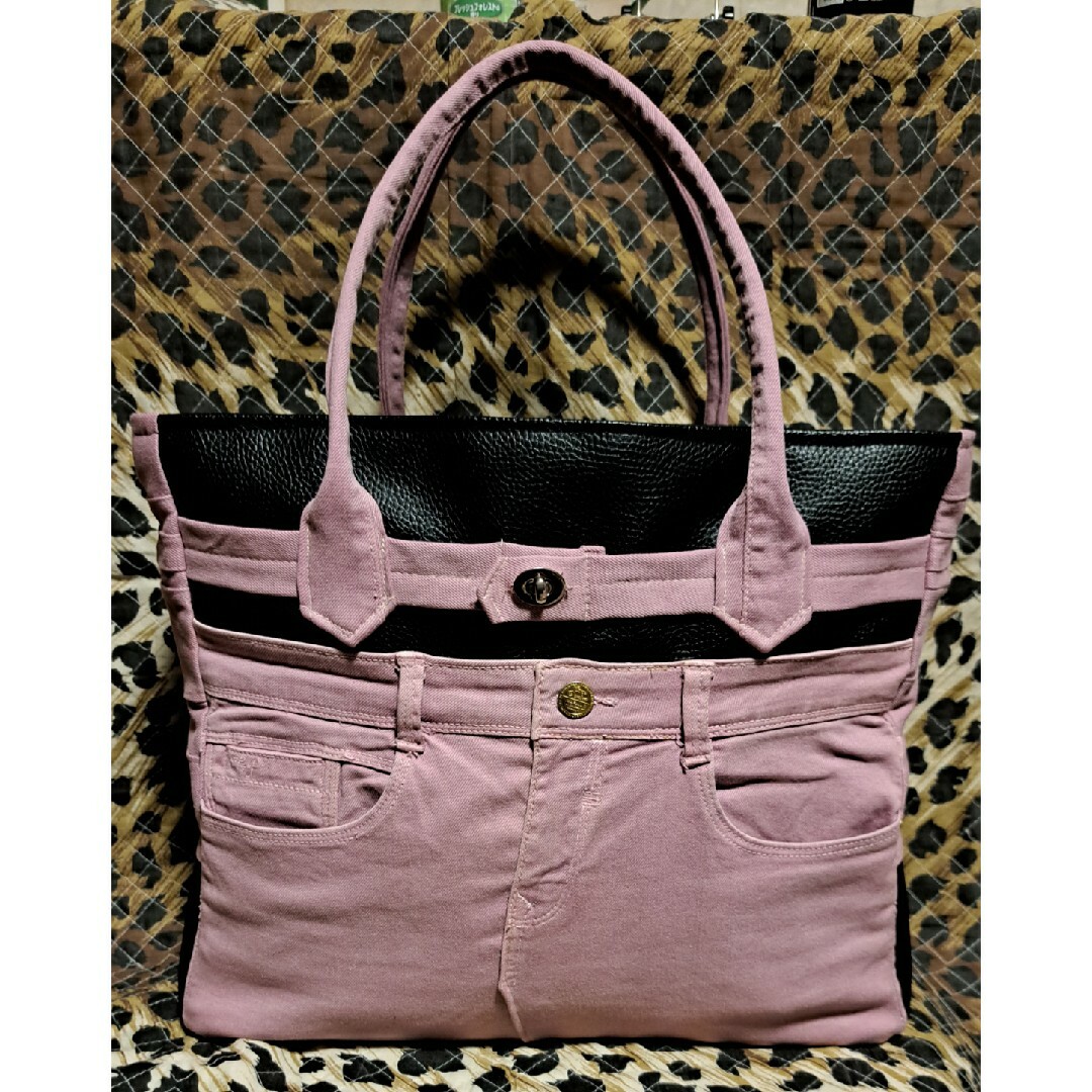 デニムリメイク、レザーバーキン、ピンク ハンドメイドのファッション小物(バッグ)の商品写真