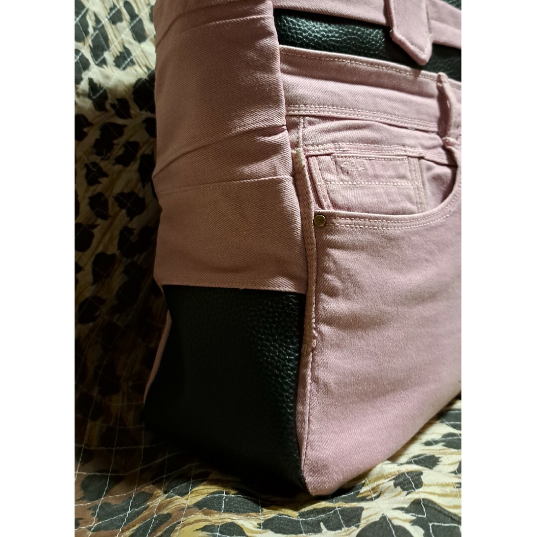 デニムリメイク、レザーバーキン、ピンク ハンドメイドのファッション小物(バッグ)の商品写真