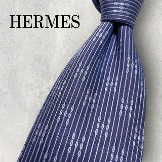 エルメス(Hermes)の美品 HERMES エルメス ジャガード H柄 ストライプ ネクタイ ネイビー(ネクタイ)